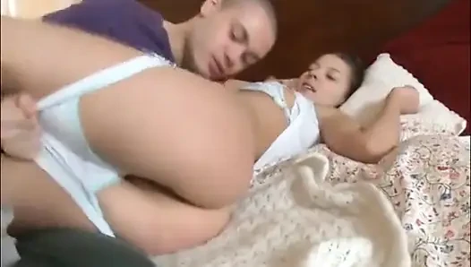 Brunette in socks and t-shirt gets fucked hard