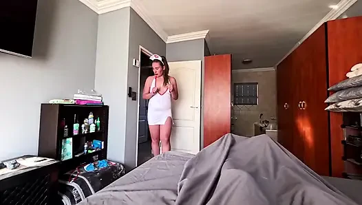 Naughty Hot Nurse Taking Good Care of Her Patient's Cock, Handjob Blowjob Cum