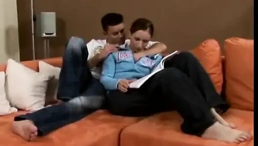 Skinny tattooed brunette licks on huge cock