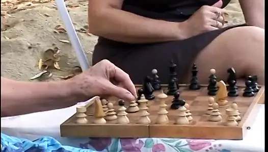 Long haired blond slut fingers grandma on the bench