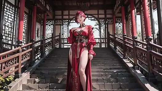 Red-haired Goddess in Oriental Seduction! the Ultimate Contrast Between the Chinese Pavilion and the Pristine White Bathroom.
