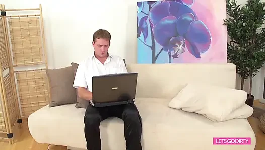Blond mature slut fucked hard by a young guy on the couch