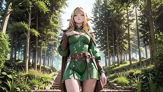 Forest Elf's Private Fantasy! Green off-shoulder Outfit, Kneeling and Arching Hips Against a Stark White Backdrop.