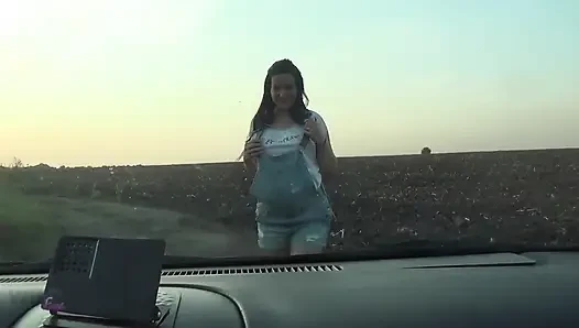 Pregnant Girl Tits Against Windshield
