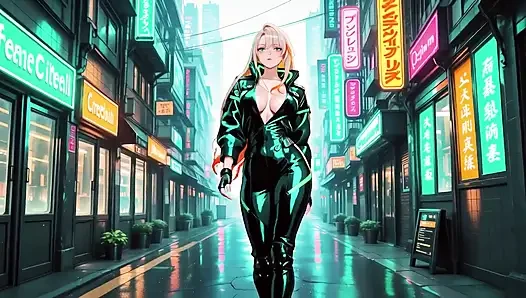 Neon Rain Night! Blonde Agent in Wet Leather Crouching Low, Holographic Glow & Cold Glances.