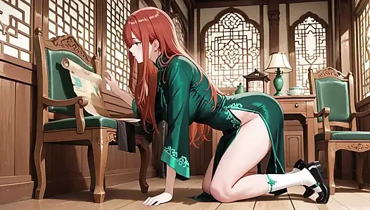 Red Hair & Emerald Qipao! Lazy Seduction in the Eastern Courtyard.