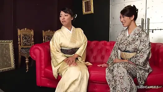 Passionate individuals of Asian descent engage in group sexual activities while wearing traditional kimonos, culminating in prof