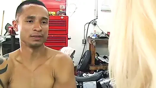Biker guy sucks and takes strap-ons from bitches