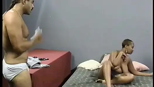 Guy gets head from woman with gigantic tits