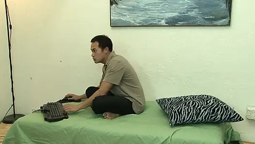 Asian babe sucks a huge cock then rides it to a mouth cumshot