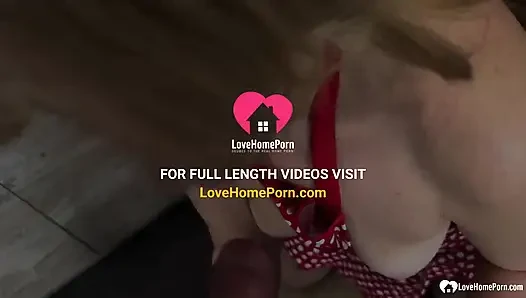 Blonde in Red Polka Dot Apron Gives Sloppy Blowjob in Kitchen