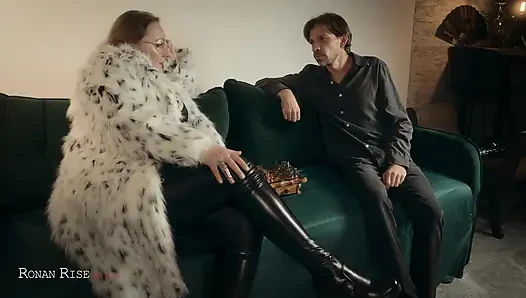 Fur Coat Domina Owns Loser’s Massive Cock After Chess – Greedy Handjob, Amazon Ride & Cum Swallowing