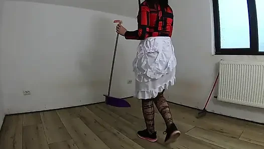 Nympho Maid Masturbates with Broom & Mop While Cleaning an Abandoned House