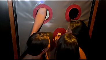 Four naughty sisters go to a swingers club and have sex with strangers without condoms in the glory hole, including cum in their vaginas - full version on Red