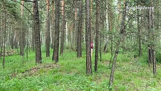 Big-boobed girl got lost in the woods, but found a dick in outdoor