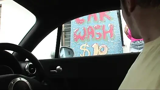 Sex in the car wash with a brunette bitch in sexy pink fishnets