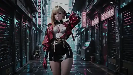 Red Leather Jacket Glistening Under Neon Rain, Kneeling Pose That Breaks the Armor