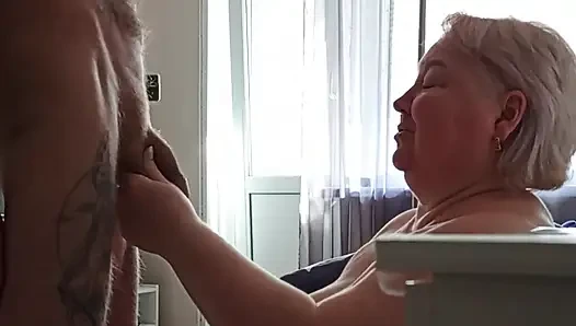 Neighbor Plays with My Dick Sucks It and Gets Cum on Her Tits