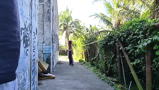 Risky handjob for hot redhead on the walk in the park in public!