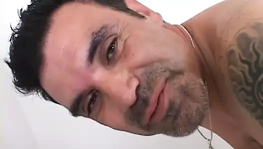 Sexy brunette sucks tattooed guy's asshole and gives his big dick head