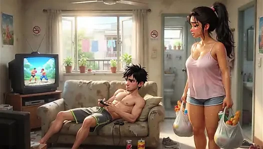 Stepmother summer window tease turns into passionate Christmas reunion encounter (AI generated)