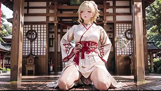 Blonde Kimono Girl! Forbidden Contrast From Shrine to Pure White Bed, Half-unbuttoned, Fingertips Trembling