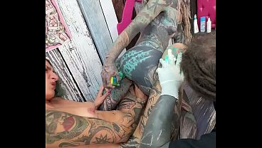 Naughty Tattoo Shop Session - Reverse Cowgirl Dildo Anal While Getting Inked