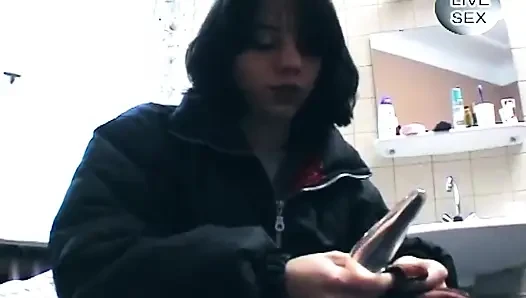 Brunette Slides Glass Dildo Deep in Wet Pussy