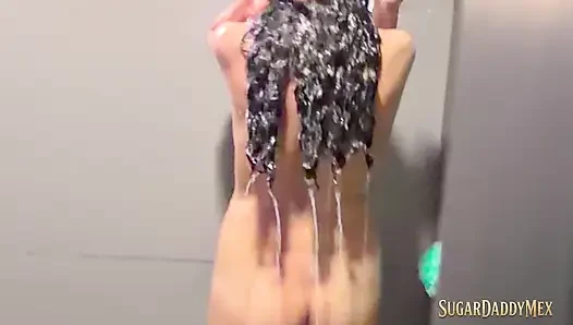 Sweet in the shower: arousing look, sexy slim body and fucking until she eats my hot cum.