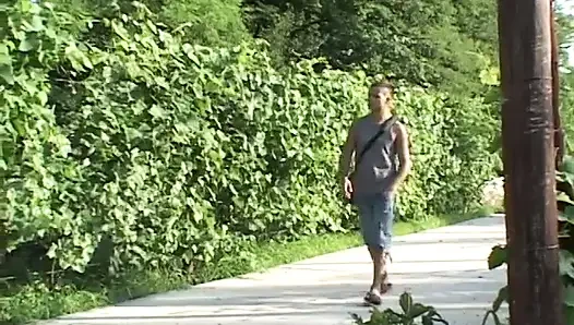 Horny stud banging sexy babe doggy style outdoors
