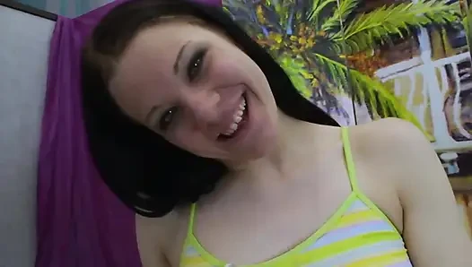 Sexy hot brunette with perfect small tits begs me to fuck her hot shaved pussy hard so she can cum