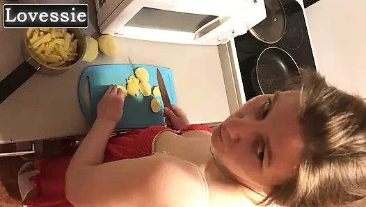 A MILF slave prepares dinner for her master and sucks his cock under the table while he eats - Lovessie