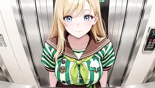 She sips beer while fixing her apron, revealing creamy cleavage.
