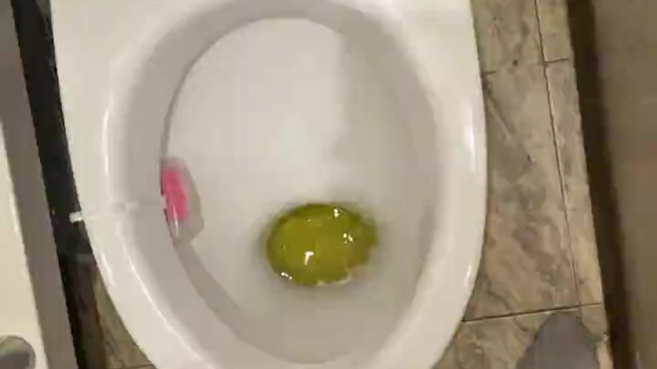 Morning piss from uncut penis in slow motion view from eyes