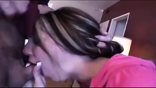 Sexy slut in pink with a tight round ass sucks a cock and then rides it