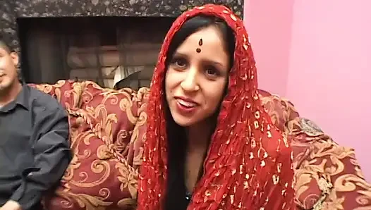 Hot ass Indian chick sucks and fucks two fat cocks in the bedroom