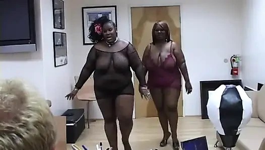 Two BBW ebony slut fucks one white dick