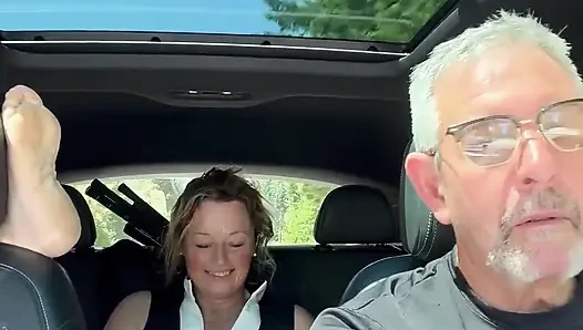 Wife Rubs Out Multiple Orgasms, Road Trip, Back Seat, Teasing Her Man