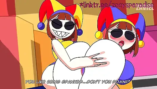 Two mischievous clowns are having fun after the show