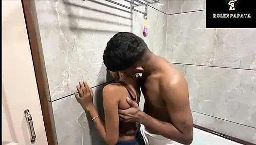 The guy had great sex with the girlThey went from the bathroom to the bed.