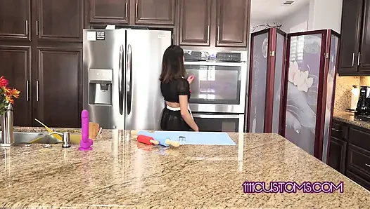 Petite cutie Isabella Nice fucks her toy in the kitchen