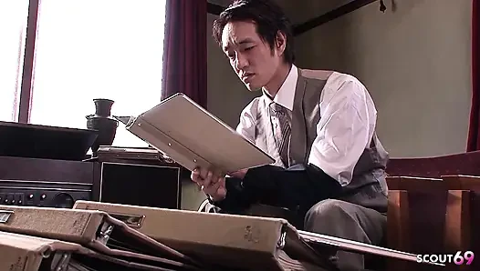 Japanese Glasses Secretary Teen seduce to Suck the Fat Cock of old Guy at Uncensored JAV Porn