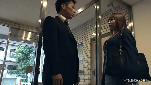 This encounter involves two individuals simultaneously ejaculating into a young and attractive Asian woman