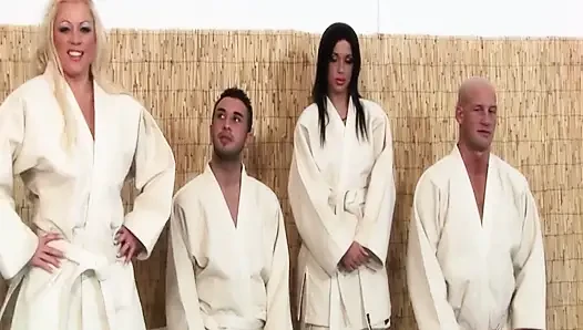 Gym Slut Scene 2: DP Orgy with a Blonde and a Brunette with Big Butts in a Taekwondo Class