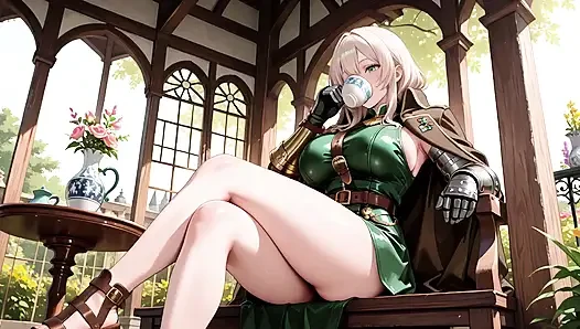 Blonde Knight's Afternoon! Green Uniform + Golden Mechanical Arms, lazily contemplating in ancient stone ruins.