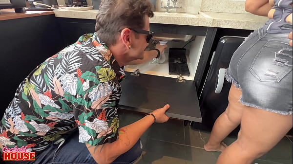 Cuckold husband hires plumbers to block his wife's pipes with his cock.
