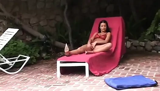 Hot brunette with amazing tits deep throats dick by the pool before banging