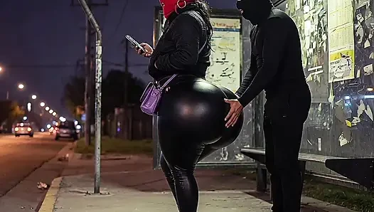 Big Ass Latina in Tight Leather Pants at Bus Stop Strips to Black Leather Thong