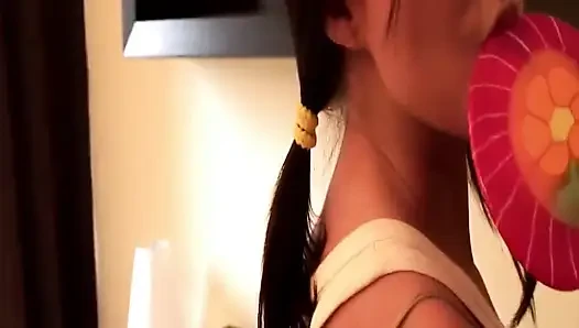 Brunette Spreads Pink Pussy Wide with Lollipop