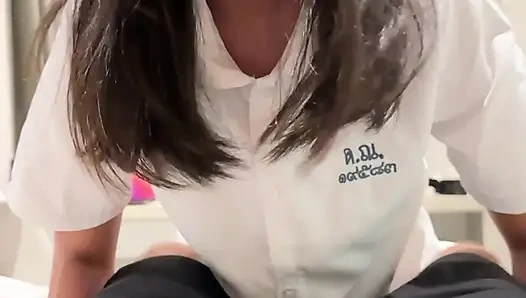 18yo Thai student in uniform get fucked hard by a big white cock and cum on her face